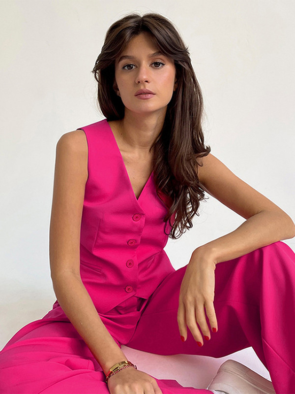 Široki ležerni ružičasti prsluk Hlače Komplet od 2 komada Košulja bez rukava Hlače širokih nogavica Žensko odijelo 2023 Temperamentni setovi za putovanje na posao