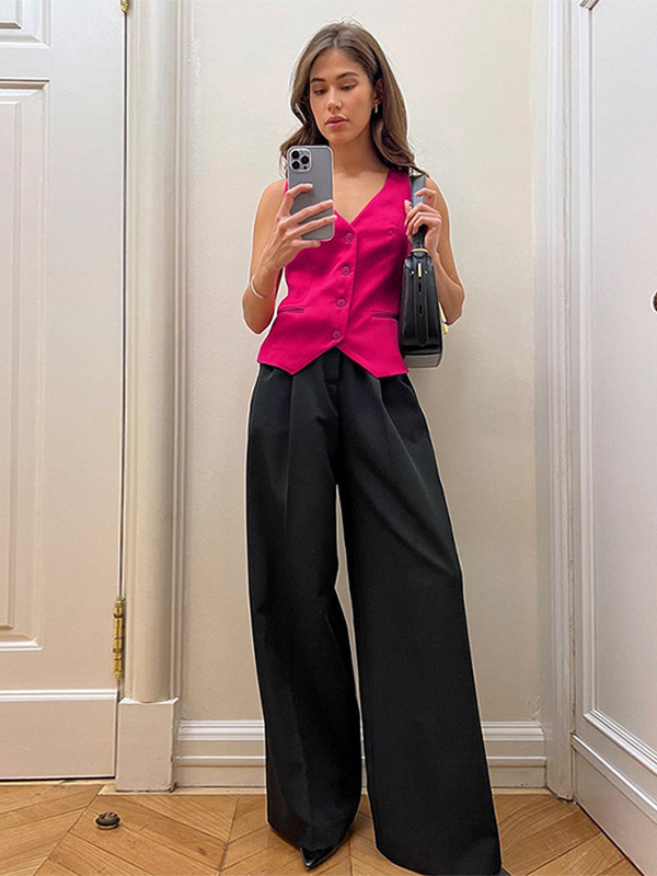 Široki ležerni ružičasti prsluk Hlače Komplet od 2 komada Košulja bez rukava Hlače širokih nogavica Žensko odijelo 2023 Temperamentni setovi za putovanje na posao