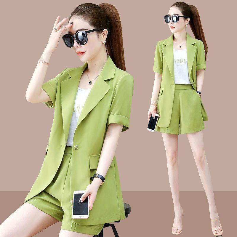 Γυναικείο καλοκαιρινό νέο κοντομάνικο κοστούμι σακάκι σορτς δύο τεμαχίων Κορεάτικο κομψό, κομψό, casual blazers παντελόνι ασορτί σετ