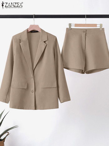 ZANZEA 2023 Φθινοπωρινό Blazer Κοστούμια Γυναικεία Στολές Γραφείου Μόδα μακρυμάνικα μπλουζάκια και κοντό παντελόνι Σακάκια με κοστούμι δύο τεμαχίων