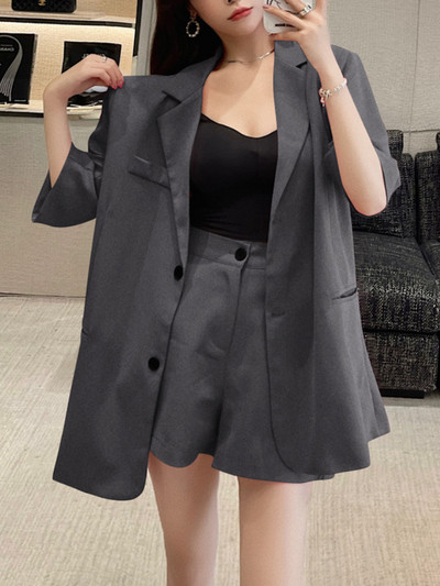 Καλοκαιρινό vintage σορτς μπλέιζερ Γυναικείο κοστούμι casual κομψό μονόχρωμο τζάκετ Παντελόνι με φαρδύ πόδι δύο τεμάχια Γυναικείο κομψό κορεατικό ρούχο