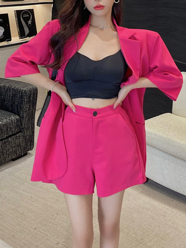 Καλοκαιρινό vintage σορτς μπλέιζερ Γυναικείο κοστούμι casual κομψό μονόχρωμο τζάκετ Παντελόνι με φαρδύ πόδι δύο τεμάχια Γυναικείο κομψό κορεατικό ρούχο