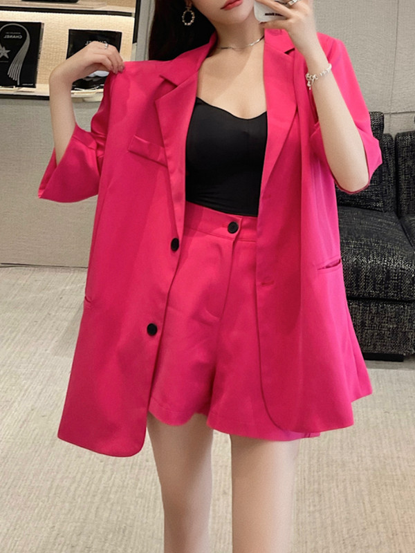 Καλοκαιρινό vintage σορτς μπλέιζερ Γυναικείο κοστούμι casual κομψό μονόχρωμο τζάκετ Παντελόνι με φαρδύ πόδι δύο τεμάχια Γυναικείο κομψό κορεατικό ρούχο