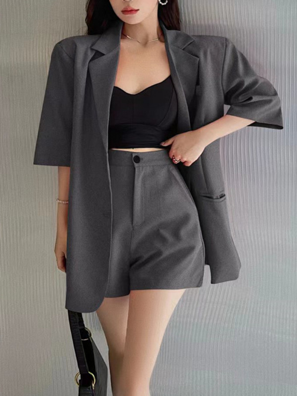 Καλοκαιρινό vintage σορτς μπλέιζερ Γυναικείο κοστούμι casual κομψό μονόχρωμο τζάκετ Παντελόνι με φαρδύ πόδι δύο τεμάχια Γυναικείο κομψό κορεατικό ρούχο