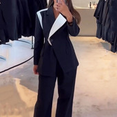 LIYONG ženski dvodijelni set Jesenski modni jednobojni sako s dugim rukavima na rever Ležerni široki s džepovima Kompleti hlača Visoka ulična odjeća