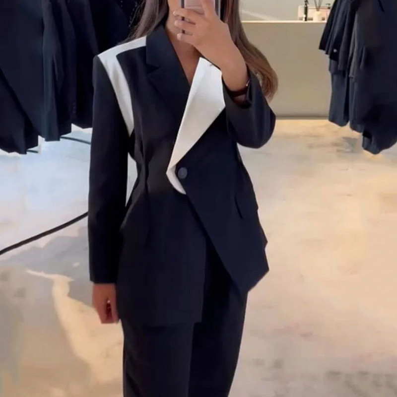 LIYONG ženski dvodijelni set Jesenski modni jednobojni sako s dugim rukavima na rever Ležerni široki s džepovima Kompleti hlača Visoka ulična odjeća