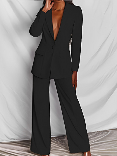 Two Piece Σετ Γυναικεία Κοστούμια Φθινοπωρινό χειμερινό ψηλόμεσο ίσιο παντελόνι με μονό κουμπί Κορεάτικο παλτό casual μασίφ μπλέιζερ μακρυμάνικο μπλουζάκι