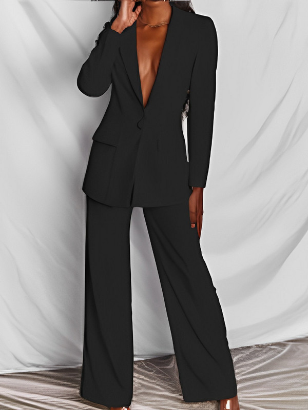 Two Piece Σετ Γυναικεία Κοστούμια Φθινοπωρινό χειμερινό ψηλόμεσο ίσιο παντελόνι με μονό κουμπί Κορεάτικο παλτό casual μασίφ μπλέιζερ μακρυμάνικο μπλουζάκι