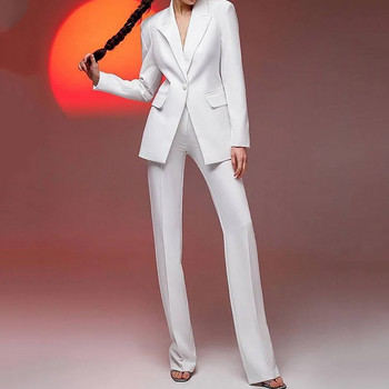 LIYONG Γυναικείο σετ δύο τεμαχίων Φθινοπωρινή μόδα Κομψό μονόχρωμο V λαιμόκοψη μακριά μανίκια Top casual χαλαρά ίσια παντελόνια ψηλά Streetwear