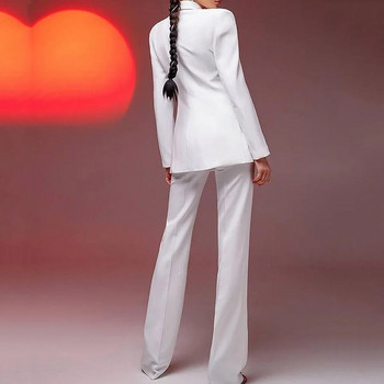 LIYONG Γυναικείο σετ δύο τεμαχίων Φθινοπωρινή μόδα Κομψό μονόχρωμο V λαιμόκοψη μακριά μανίκια Top casual χαλαρά ίσια παντελόνια ψηλά Streetwear
