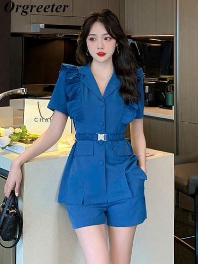 Γυναικεία βολάν σετ 2 τεμαχίων Κομψά γυναικεία κομψά παντελόνια κοστούμια καλοκαιρινά casual blazer μπλούζα με ζώνη ελαστική μέση Σορτς Γυναικεία