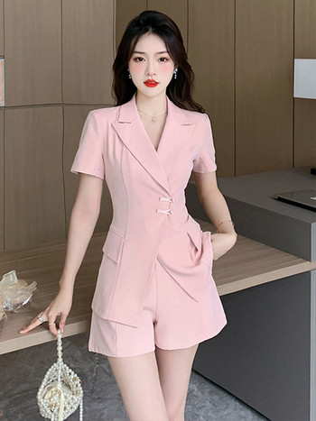 Κινέζικο στυλ Καλοκαιρινό 2 τεμάχια Κοστούμια Γυναικείες Κομψές επίσημες μονόχρωμες vintage τοπ παλτό blazer κοστούμι ψηλόμεσο σορτς παντελόνι λεπτό σετ