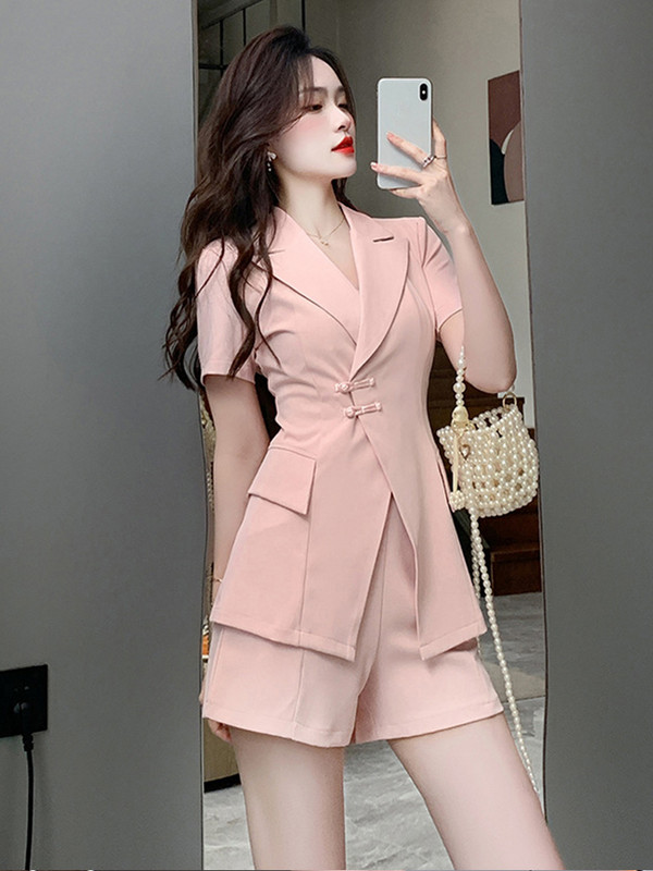 Κινέζικο στυλ Καλοκαιρινό 2 τεμάχια Κοστούμια Γυναικείες Κομψές επίσημες μονόχρωμες vintage τοπ παλτό blazer κοστούμι ψηλόμεσο σορτς παντελόνι λεπτό σετ