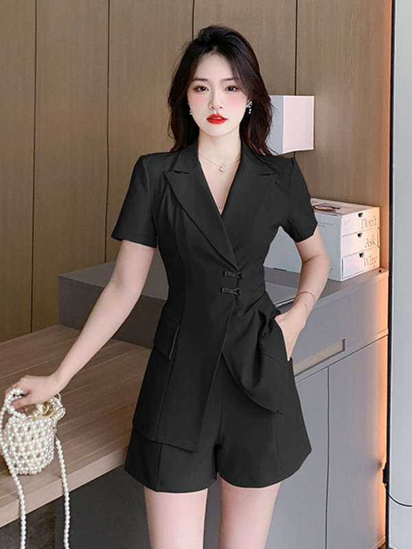 Κινέζικο στυλ Καλοκαιρινό 2 τεμάχια Κοστούμια Γυναικείες Κομψές επίσημες μονόχρωμες vintage τοπ παλτό blazer κοστούμι ψηλόμεσο σορτς παντελόνι λεπτό σετ
