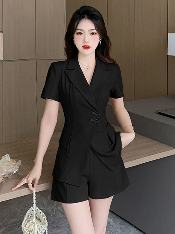Κινέζικο στυλ Καλοκαιρινό 2 τεμάχια Κοστούμια Γυναικείες Κομψές επίσημες μονόχρωμες vintage τοπ παλτό blazer κοστούμι ψηλόμεσο σορτς παντελόνι λεπτό σετ