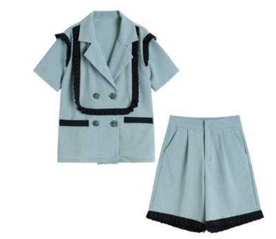 Dvodijelni set Ženski ljetni široki sako s dvostrukim kopčanjem kratkih rukava Visoki struk Kratke hlače Kratke hlače u engleskom stilu Odijela Odijela