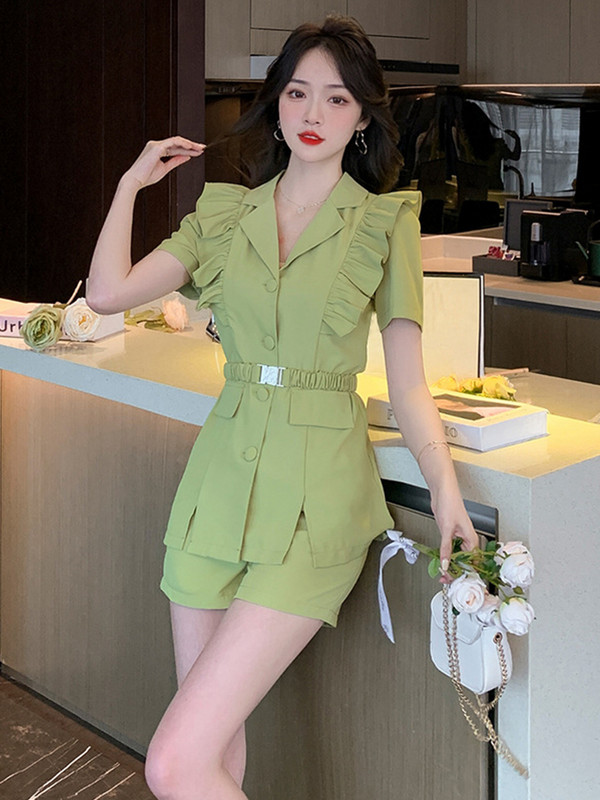 Mood kontor Elegantne 2-osaline varustus Ülikonnad Naistele Temperament Vintage magusad topsid mantel bleiser ülikond lühikesed püksid õhukesed komplektid suvised