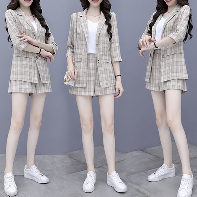 2023 Vintage Fashion Three Pieces Στολές Γυναικείες καρό casual blazer + ψηλόμεσο κοστούμι κοντό παντελόνι Γυναικείο σετ Streetwear Y411