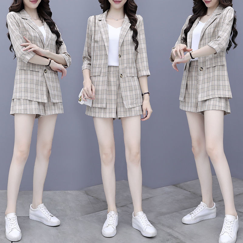 2023 Vintage Fashion Three Pieces Στολές Γυναικείες καρό casual blazer + ψηλόμεσο κοστούμι κοντό παντελόνι Γυναικείο σετ Streetwear Y411