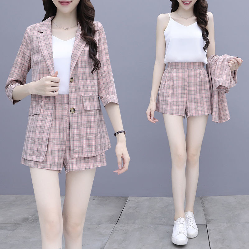 2023 Vintage Fashion Three Pieces Στολές Γυναικείες καρό casual blazer + ψηλόμεσο κοστούμι κοντό παντελόνι Γυναικείο σετ Streetwear Y411