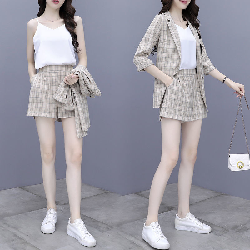 2023 Vintage Fashion Three Pieces Στολές Γυναικείες καρό casual blazer + ψηλόμεσο κοστούμι κοντό παντελόνι Γυναικείο σετ Streetwear Y411