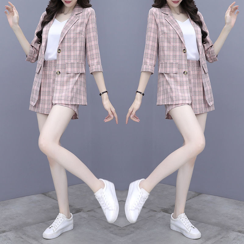 2023 Vintage Fashion Three Pieces Στολές Γυναικείες καρό casual blazer + ψηλόμεσο κοστούμι κοντό παντελόνι Γυναικείο σετ Streetwear Y411