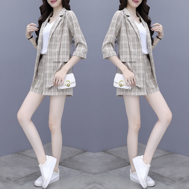 2023 Vintage Fashion Three Pieces Στολές Γυναικείες καρό casual blazer + ψηλόμεσο κοστούμι κοντό παντελόνι Γυναικείο σετ Streetwear Y411