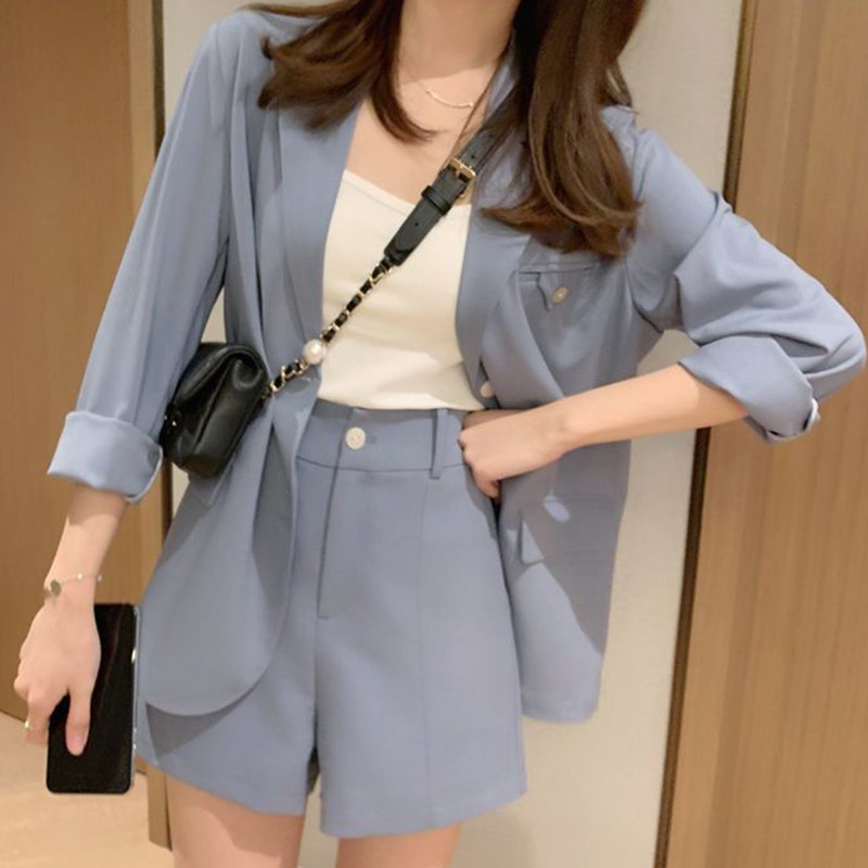 JuneLove Summer Fashion Suits Hepburn Μικρό άρωμα Κορεατικής Έκδοσης Blazers Σετ Office Lady Vintage Blazers+Σορτς 2 τεμαχίων