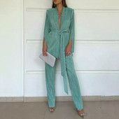 Γυναικεία Γυναικεία Πλισέ Σετ Παντελόνια Γυναικεία Γυναικεία Γυναικεία Σετ Παντελόνια με μονόχρωμο κορμάκι Κοστούμια με κορδόνια με κορδόνια μακρυμάνικο μπλέιζερ 2 τεμάχια Τοπ