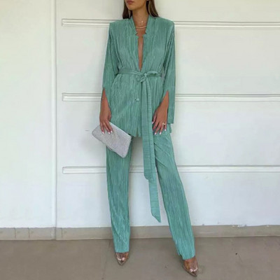 Γυναικεία Γυναικεία Πλισέ Σετ Παντελόνια Γυναικεία Γυναικεία Γυναικεία Σετ Παντελόνια με μονόχρωμο κορμάκι Κοστούμια με κορδόνια με κορδόνια μακρυμάνικο μπλέιζερ 2 τεμάχια Τοπ