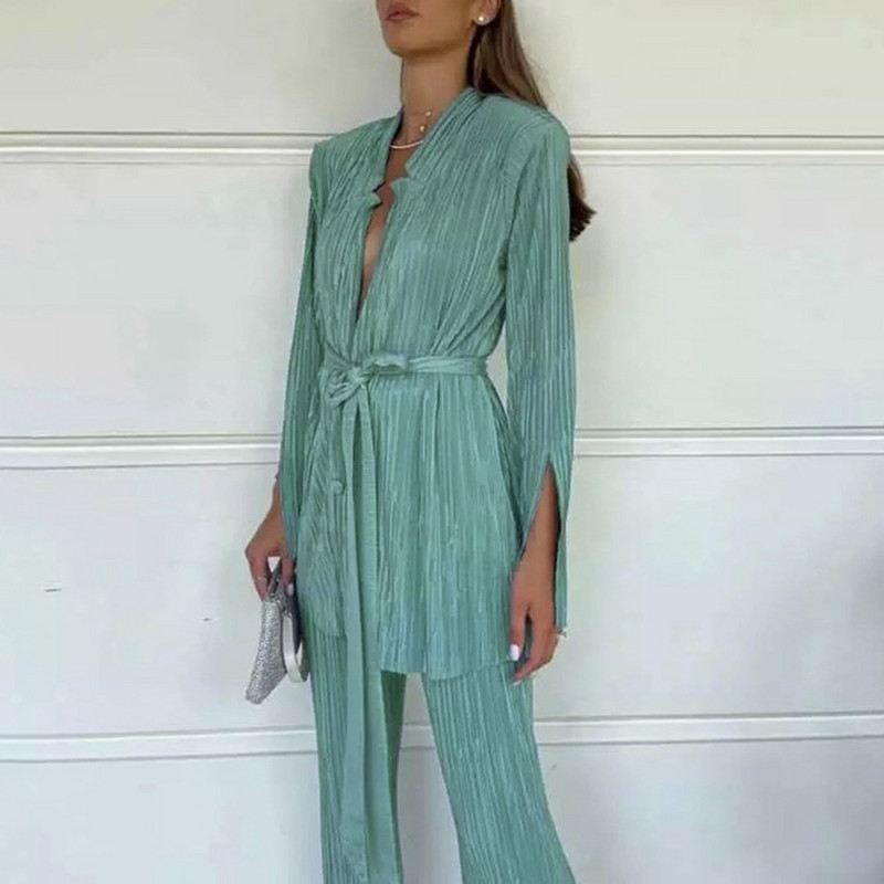 Γυναικεία Γυναικεία Πλισέ Σετ Παντελόνια Γυναικεία Γυναικεία Γυναικεία Σετ Παντελόνια με μονόχρωμο κορμάκι Κοστούμια με κορδόνια με κορδόνια μακρυμάνικο μπλέιζερ 2 τεμάχια Τοπ