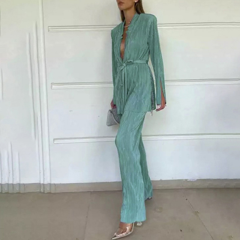 Γυναικεία Γυναικεία Πλισέ Σετ Παντελόνια Γυναικεία Γυναικεία Γυναικεία Σετ Παντελόνια με μονόχρωμο κορμάκι Κοστούμια με κορδόνια με κορδόνια μακρυμάνικο μπλέιζερ 2 τεμάχια Τοπ