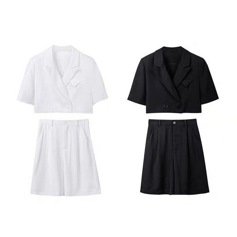 Set 2 bucăți alb, pantaloni scurți de vară, set de pantaloni și blazer sexy pentru femei, cu mânecă scurtă, topuri decupate, pantaloni scurți largi cu talie înaltă