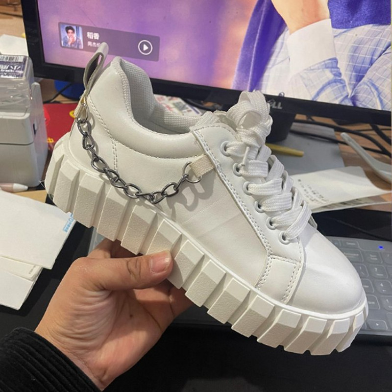 Μόδα Γυναικεία Πλατφόρμα PU Δερμάτινα παπούτσια με αλυσίδα Χαριτωμένα κορίτσια με κορδόνια Casual αθλητικά Γυναικεία γυμναστήρια για περπάτημα Φοιτητικά διαμερίσματα όλων των αγώνων