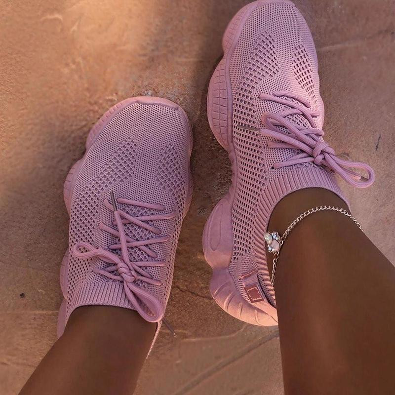 Γυναικεία πάνινα παπούτσια Γυναικεία δικτυωτά φλατ παπούτσια Γυναικεία κορδόνια αναπνεύσιμα περιστασιακά γυναικεία παπούτσια Comfort καραμέλα Χρώμα Μασίφ γυναικεία συν μέγεθος