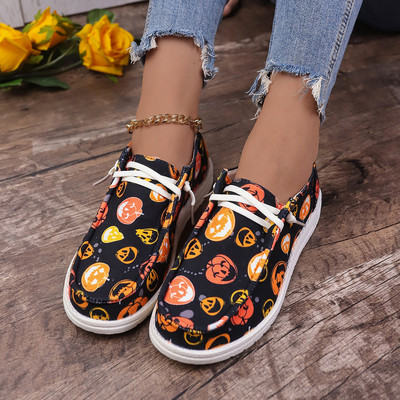 Γυναικεία παπούτσια Halloween Casual 2024 Pumpkin Head Ghost Skull Print Fashion Party Flat παπούτσια Υπαίθρια αθλητικά παπούτσια ταξιδιού από καμβά