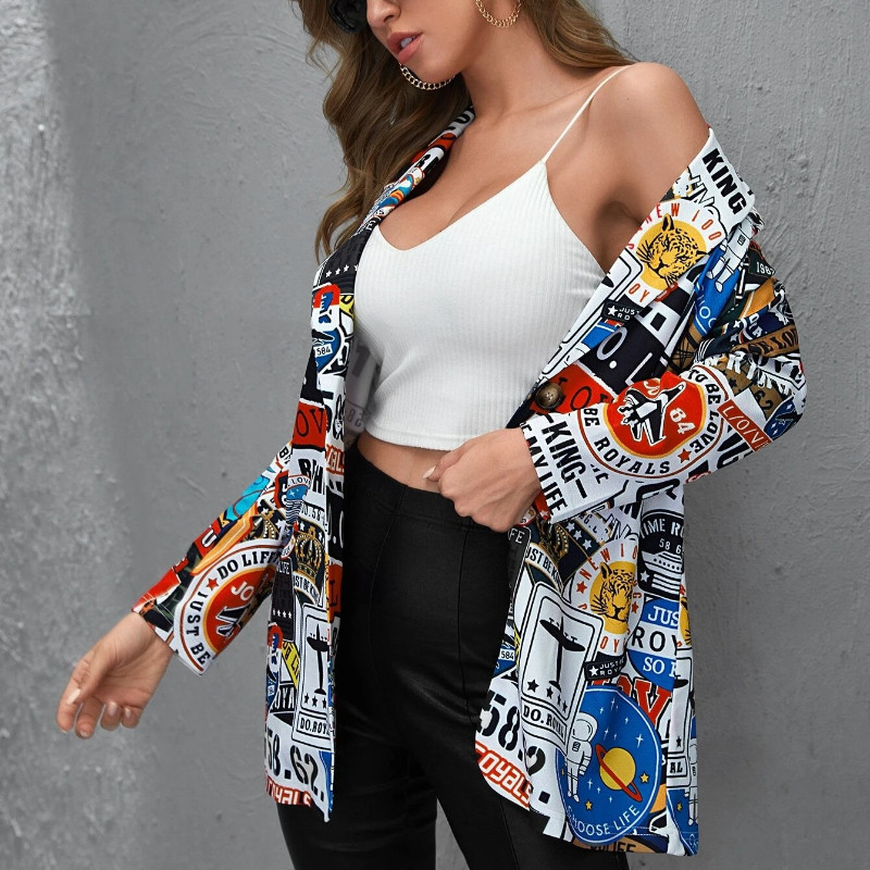 Moteriška striukė Naujos mados retro rašto modelio laisvalaikio kostiumas Moteriškas aukštaūgis striukė ilgomis rankovėmis Moteriški kostiumo švarkai