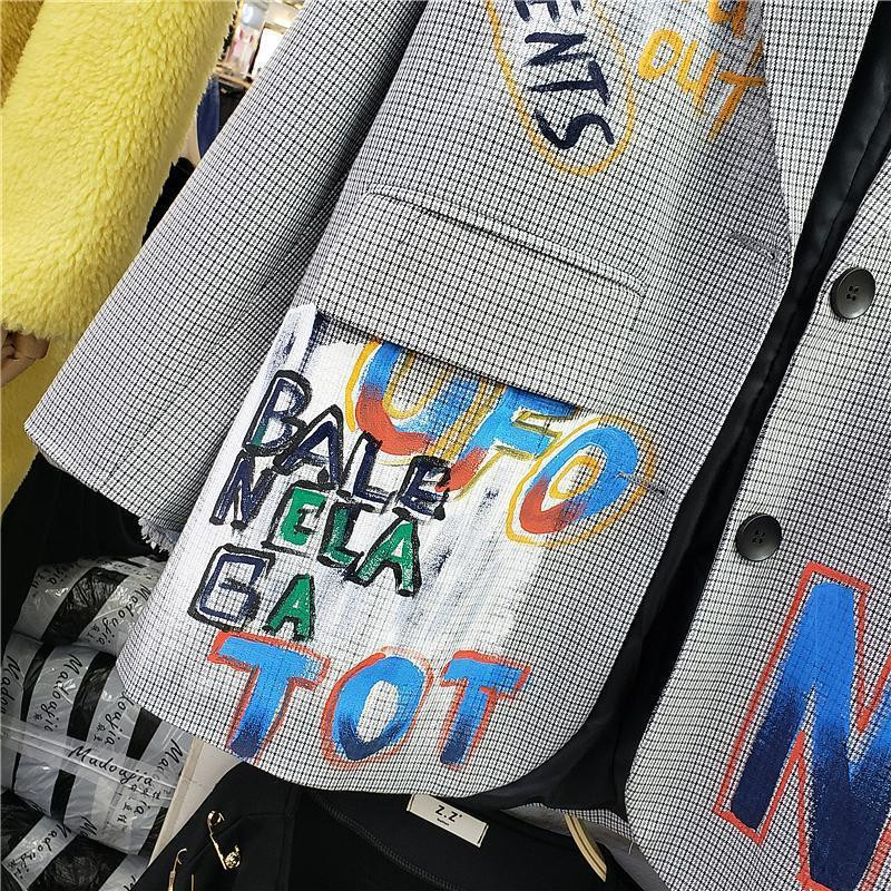 Nauji rudeniniai moteriški švarkai Dizainas Sense Niche Graffiti Britų stiliaus kostiumas languotas laisvalaikis ilgomis rankovėmis laisvi moteriški paltai moteriški švarkai