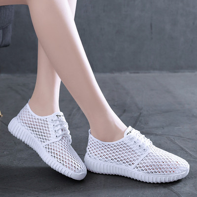Дамски обувки Издълбани дишащи плоски обувки с връзки Дишаща мрежа Леки обувки Ежедневни маратонки за всички мачове Zapatos De Mujer