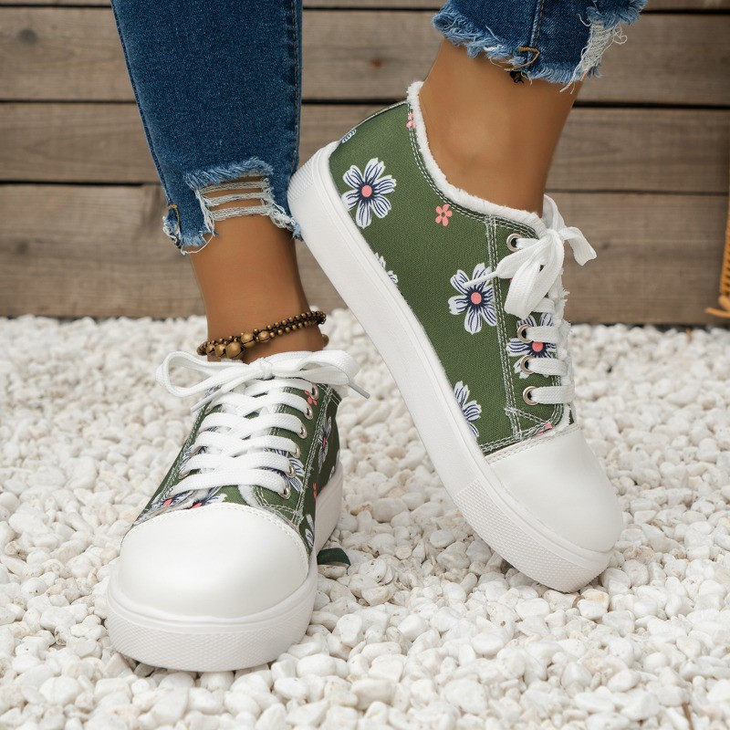 Καμβάς Γυναικεία παπούτσια με χαμηλό τακούνι 2023 Γυναικεία παπούτσια με κορδόνια υψηλής ποιότητας Άνοιξη/Φθινόπωρο Γυναικεία αθλητικά παπούτσια με λουλούδια Zapatos Deportivos