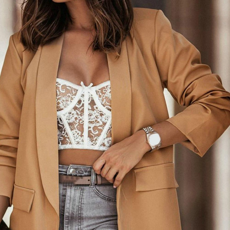 Női blézer irodai hajtóka kardigán hosszú ujjú, középhosszú, túlméretezett blézer női őszi téli egyszínű öltöny kabát