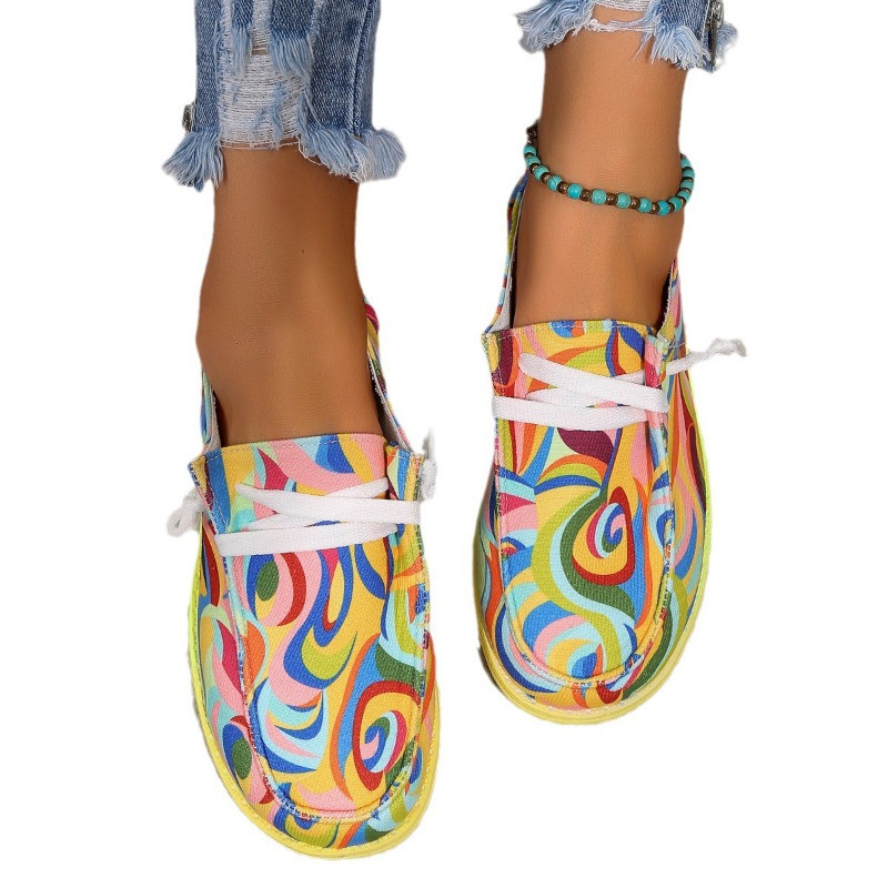 2024 Γυναικεία έθνικ παπούτσια από καμβά Rainbow Φθινοπωρινά Νέα casual καθημερινά γυναικεία φλατ παπούτσια Στρογγυλά παπούτσια με πολύχρωμα στάμπα με κορδόνια