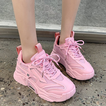 Ανοιξιάτικα ροζ πάνινα παπούτσια πλατφόρμας με αναπνεύσιμη χοντρή σόλα με κορδόνια αθλητικά casual παπούτσια Γυναικεία παπούτσια για περπάτημα σε εξωτερικό χώρο 2023