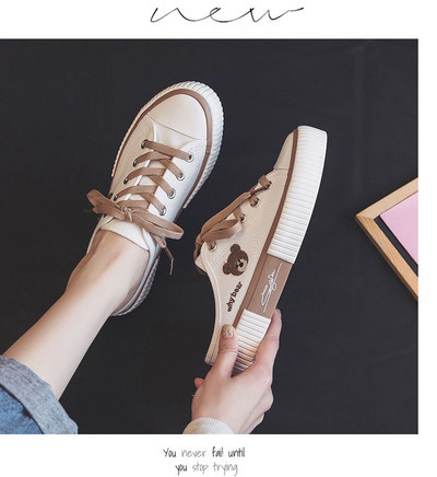 Comemore Γυναικεία Βουλκανιζέ παπούτσια από καμβά Flats Casual εσπαντρίγιες για γυναίκες Spring Lady Black White Bear Lace Up Sneakers