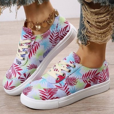 Γυναικεία παπούτσια μόδας 2023 Χρώμα λουλουδιών Στρογγυλά παπούτσια με κορδόνια για περπάτημα Γυναικεία παπούτσια Comfort Plus Size Παπούτσια για ζευγάρια Zapatos Planos