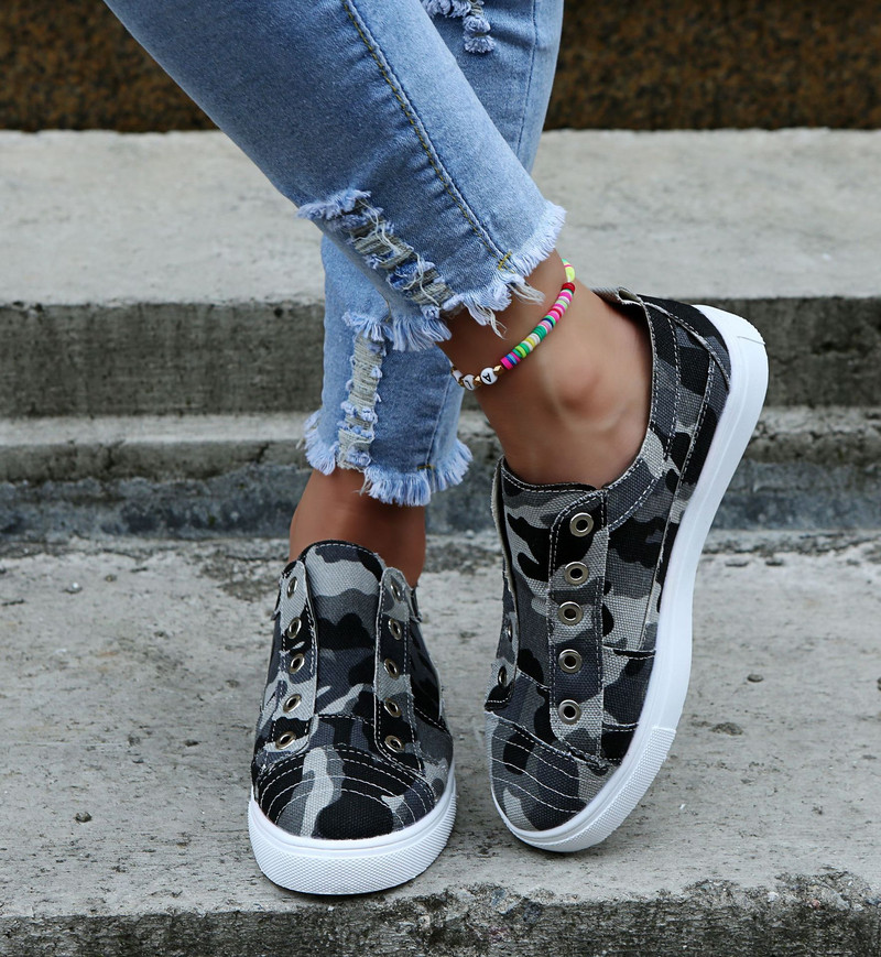 Παπούτσια καμβά Γυναικεία 2022 Fashion Plus Size Flats Camouflage Φθινοπωρινά χαμηλά γυναικεία παπούτσια casual Socofy Loafers Zapatos Mujer
