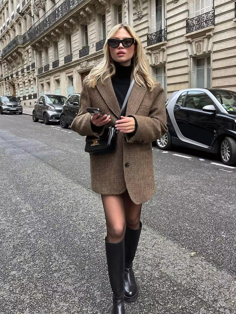 SLMD 2023 új női barna kopófogú kockás blézerek, zsebek, női, elegáns, alkalmi kút