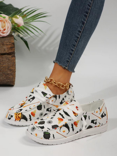 Φθινοπωρινές αποκριάτικες κολοκύθες εκτύπωσης επίπεδη παπούτσια μόδας Casual επίπεδη παπούτσια καμβά Άνετα αθλητικά παπούτσια με στρογγυλά δάχτυλα Αθλητικά παπούτσια