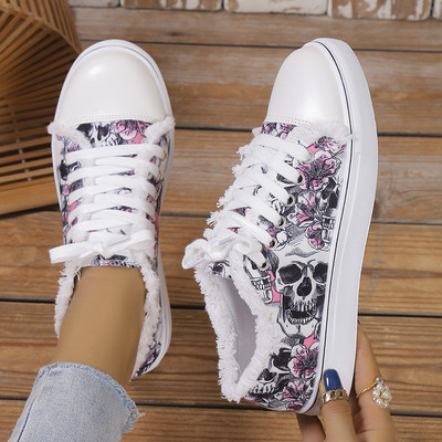 Floral Skull Canvas Παπούτσια 2023 Γυναικεία Επίπεδα αθλητικά παπούτσια μεγάλου μεγέθους Γυναικεία αθλητικά παπούτσια με κορδόνια casual Vulcanized παπούτσια Femme Zapatos