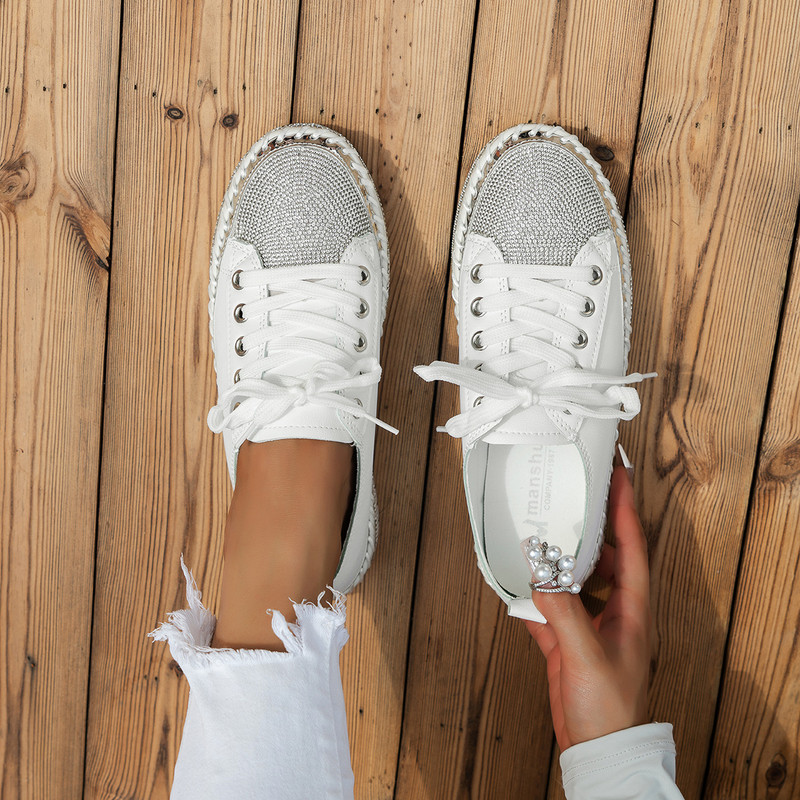 Pantofi de modă cu strasuri pentru femei, pantofi pentru mers, cu fundul gros, cu șireturi, pantofi sport pentru femeie